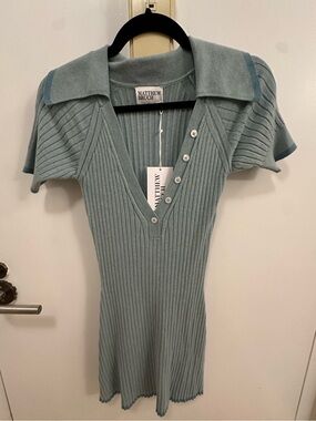 MATTHEW BRUCH Ribbed Knit Mini Dress in Sage Blue